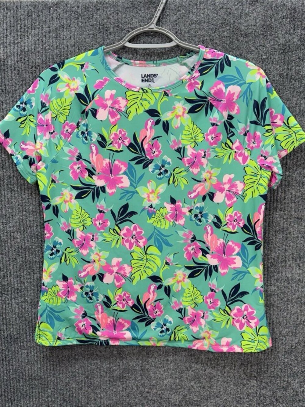 Lands' End Short Sleeve Rash Guard Shirt Girls XL (14-16) Pink Green Floral Bird